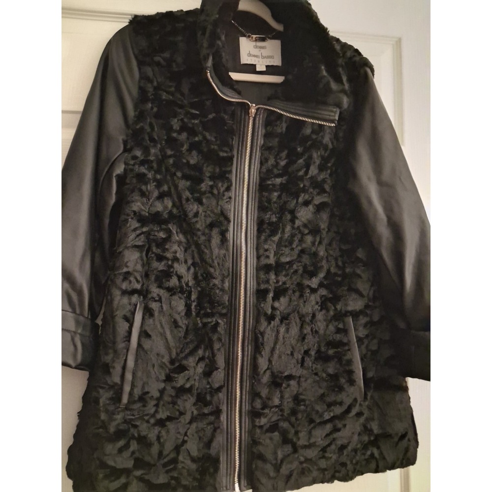 Dennis Basso Faux Fur Jacket Vest Zip-Off Leather Sleeves Black Statement Glam - Picture 4 of 16